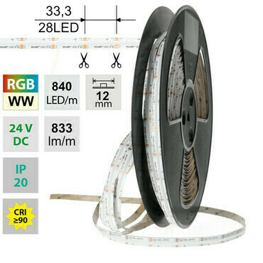 LED pásek MC LED COB RGB + WW, 840LED/m, 18W/m, DC 24V, 833lm/m, CRI90, IP20, modul 33,3mm, 12mm, 5m