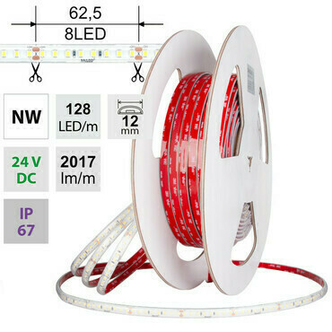 LED pásek MC LED SMD2835 NW, 128LED/m, 11,5W/m, DC 24V, 2017lm/m, CRI90, IP67, 12mm, 5m