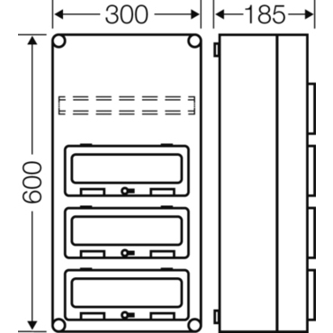 HEN Mi 1443 Jističová rozvodnice IP 65, prostor na 36 modulů ve 3 řadách, s odklápěcími okénky, bez