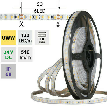 LED pásek MC LED SMD2835 UWW, 120LED/m, 9,6W/m, DC 24V, 510lm/m, CRI90, IP68, 10mm, 5m