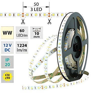 LED pásek MC LED SMD2835 WW, 60LED/m, 14,4W/m, 1224lm/m, IP20, DC 12V, 10mm, 50m
