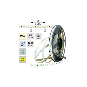 LED pásek MC LED SMD2835 WW, 60LED/m, 14,4W/m, 1224lm/m, IP20, DC 12V, 10mm, 5m