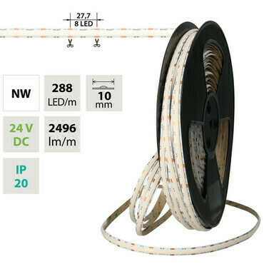 LED pásek MC LED COB NW, 288LED/m, 19,2W/m, DC 24V, 2496lm/m, CRI90, IP20, modul 27,7mm, 10mm, 5m