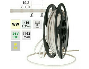 LED pásek MC LED SOB WW, 416LED/m, 14W/m, DC 24V, 1463lm/m, CRI90, IP54, modul 19,2mm, 8mm, 5m