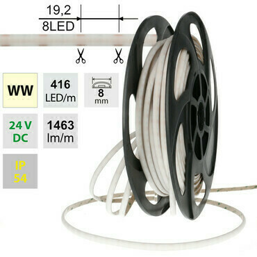 LED pásek MC LED SOB WW, 416LED/m, 14W/m, DC 24V, 1463lm/m, CRI90, IP54, modul 19,2mm, 8mm, 5m