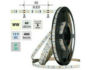 LED pásek MC LED SMD2835 WW, 60LED/m, 4,8W/m, DC 12V, 400lm/m, CRI90, IP20, 8mm, 50m