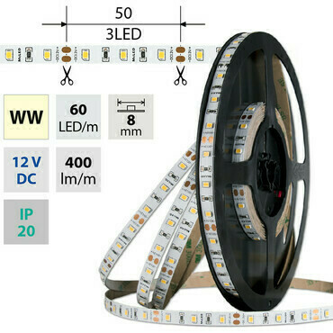 LED pásek MC LED SMD2835 WW, 60LED/m, 4,8W/m, DC 12V, 400lm/m, CRI90, IP20, 8mm, 50m