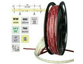 MC LED COB LED pásek WW, 480LED/m, 8W/m, 760lm/m, CRI90, IP67, DC 24V, 105°C,12mm, 50m