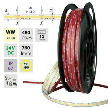 MC LED COB LED pásek WW, 480LED/m, 8W/m, 760lm/m, CRI90, IP67, DC 24V, 105°C,12mm, 50m