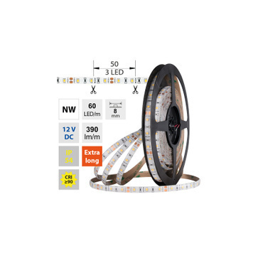 LED pásek MC LED SMD2835 NW, 60LED/m, 4,8W/m, DC 12V, 390lm/m, CRI90, IP54, 8mm, 5m