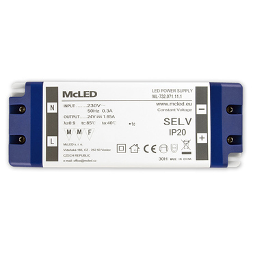 LED driver napěťový MC LED 40W, DC 24V/1,65A, IP20, plastové provedení se svorkovnicí