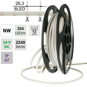 LED pásek MC LED SOB NW, 304LED/m, 19W/m, DC 24V, 2240lm/m, CRI90, IP67, modul 26,3mm, 12mm, 5m
