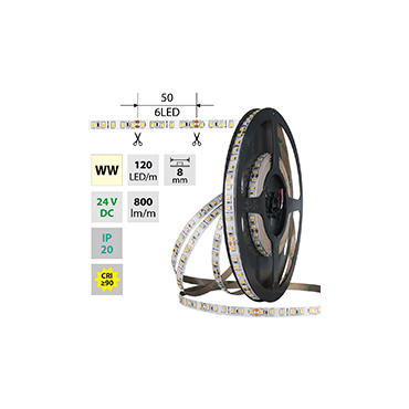 LED pásek MC LED SMD2835 WW, 120LED/m, 9,6W/m, DC 24V, 800lm/m, CRI90, IP20, 8mm, 5m