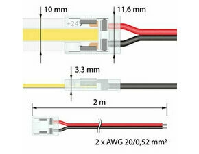 Konektor Připojovací MC LED jednobarevných LED pásků 10 mm, 2 piny, délka 2 metry, 20AWG