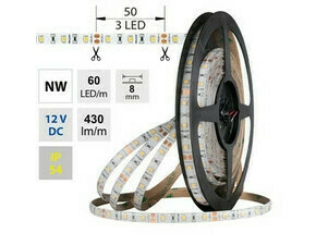 LED pásek MC LED SMD2835 NW, 60LED/m, 4,8W/m, DC 12V, 390lm/m, CRI90, IP54, 8mm, 5m