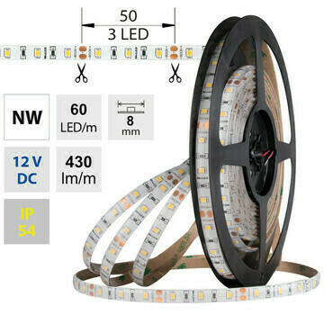 LED pásek MC LED SMD2835 NW, 60LED/m, 4,8W/m, DC 12V, 390lm/m, CRI90, IP54, 8mm, 5m