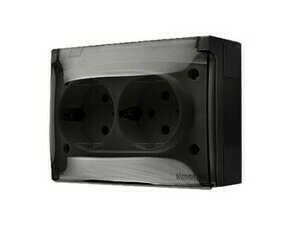 Zásuvka Schuko SIMON AQUACLICK ACGSZ2/49A, 2 nás., IP44, průhl. víčko, 16A/250V~, šr. sv., černá mat