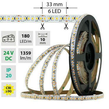 LED pásek MC LED SMD3528G, 180LED/m, 14,4W/m, 1359lm/m, IP20, DC 24V, 10mm, 5m, potraviny-sýry