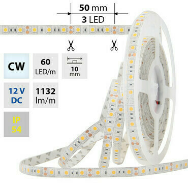 LED pásek MC LED SMD5050 CW, 60LED/m, 14,4W/m, 1132lm/m, IP54, DC 12V, 10mm, 5m