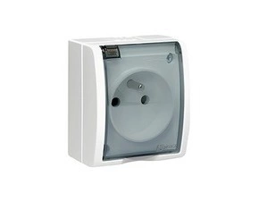Zásuvka SIMON AQUARIUS AQGZ1/11A, 1 nás., IP54, průhl. víčko, 16A/250V~, šr. sv., bílá