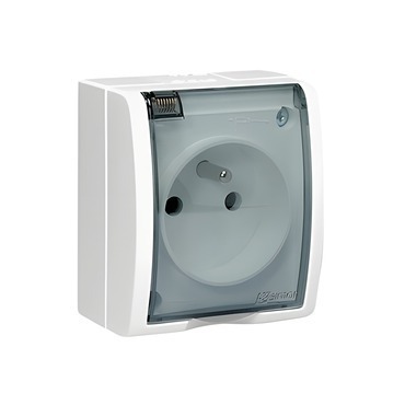 Zásuvka SIMON AQUARIUS AQGZ1/11A, 1 nás., IP54, průhl. víčko, 16A/250V~, šr. sv., bílá