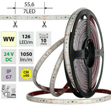 LED pásek MC LED SMD2835 WW, 126LED/m, 9,6W/m, DC 24V, 1050lm/m, CRI90, IP67, 105°C, 10mm, 5m