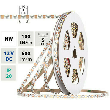 LED pásek MC LED stranový SMD3014 NW, 100LED/m, 6W/m, 600lm/m, CRI90, IP20, DC 12V, 5mm, 50m