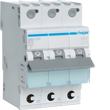 Jistič třípolový HAGER MBS310 3 pól. 10A, char.B, 6 kA, bezšroubové svorky