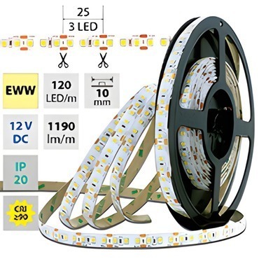 LED pásek MC LED SMD2835 WW, 120LED/m, 14W/m, 1190lm/m, IP20, DC 12V, 10mm, 50m
