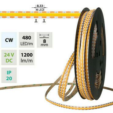 LED pásek MC LED COB CW, 480LED/m, 12W/m, DC 24V, 1200lm/m, CRI90, IP20, modul 8,33mm, 8mm, 5m