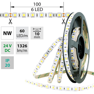 LED pásek MC LED SMD5050 NW, 60LED/m, 14,4W/m, 1296lm/m, IP20, DC 24V, 10mm, 5m