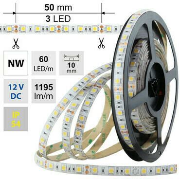 LED pásek MC LED SMD5050 NW, 60LED/m, 14,4W/m, 1195lm/m, IP54, DC 12V, 10mm, 5m