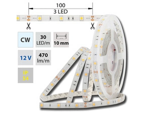 LED pásek MC LED SMD5050 CW, 30LED/m, 7,2W/m, 470lm/m, IP54, DC 12V, 10mm, 5m