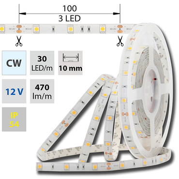 LED pásek MC LED SMD5050 CW, 30LED/m, 7,2W/m, 470lm/m, IP54, DC 12V, 10mm, 5m