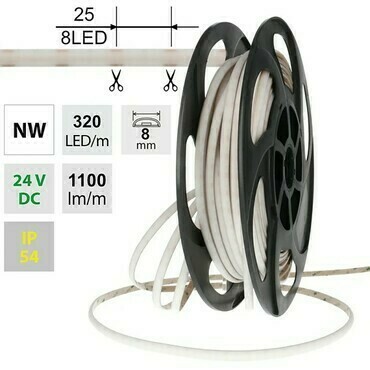 LED pásek MC LED SOB NW, 320LED/m, 10W/m, DC 24V, 1100lm/m, CRI90, IP54, modul 25mm, 8mm, 5m