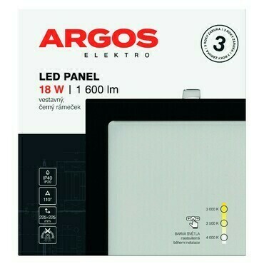 LED svítidlo vestavné ARGOS 18W, 1600lm, IP40/20, CCT, čtvercové, černé