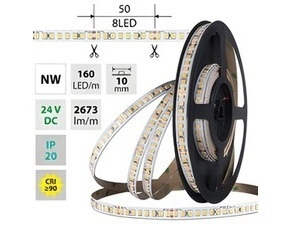 LED pásek MC LED SMD2835 NW, 160LED/m, 19,2W/m, DC 24V, 2673lm/m, CRI90, IP20, 10mm, 50m