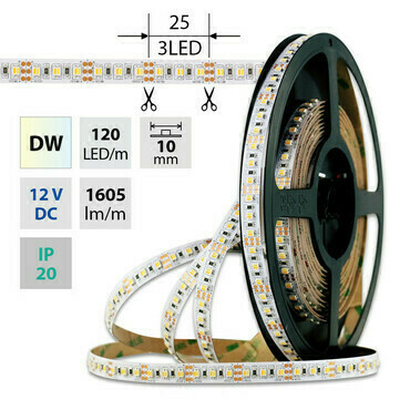 LED pásek MC LED SMD3527 dual white WW-CW, 120LED/m, 19,2W/m, 1605lm/m, IP20, DC 12V, 10mm, 5m