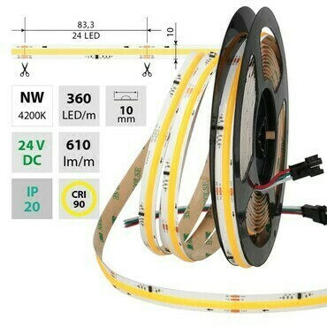 MC LED COB SPI LED pásek NW, 360LED/m, 11,5 W/m, 667lm/m, CRI90, IP20, DC 24V, 10mm, 5m