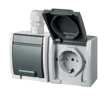 FAM ATLAS IP65 Zásuvka 2x 2P+PE SCHUKO, 2-násobná vodorovná s vývodkou M20, na povrch, šedá