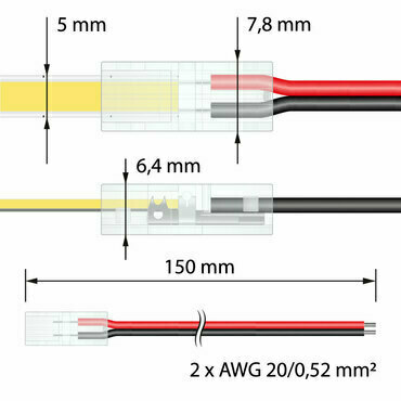 MC LED Připojovací konektor jednobarevných COB LED pásků šíře 5 mm, 2 piny, délka 150 mm, 20AWG