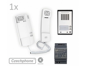 Sada Czechphone DUO Standard VILLA na zeď pro 1 rodinu: 1x domovní telefon, zvonkové na zeď a síťový
