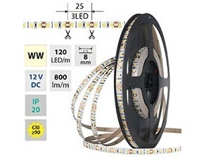 LED pásek MC LED SMD2835 WW, 120LED/m, 9,6W/m, DC 12V, 800lm/m, CRI90, IP20, 8mm, 50m
