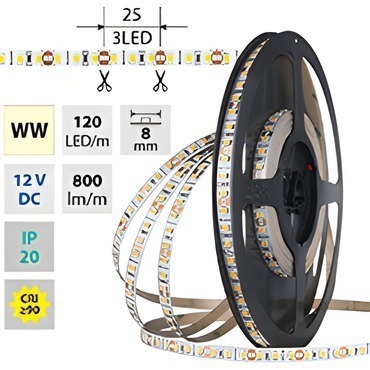 LED pásek MC LED SMD2835 WW, 120LED/m, 9,6W/m, DC 12V, 800lm/m, CRI90, IP20, 8mm, 50m