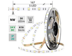 LED pásek MC LED SMD5050 NW, 30LED/m, 8,5W/m, 616lm/m, IP20, DC 24V, 10mm, 5m