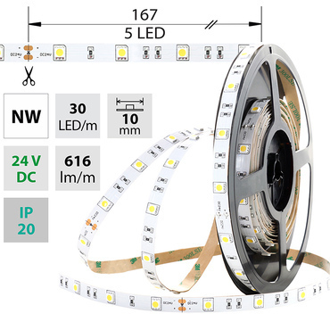 LED pásek MC LED SMD5050 NW, 30LED/m, 8,5W/m, 616lm/m, IP20, DC 24V, 10mm, 5m