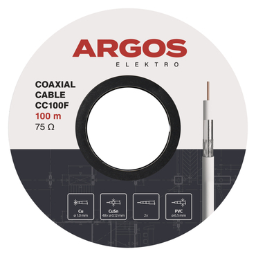 Kabel koaxiální ARGOS CC100F, PVC, vodič 1 mm, plášť 6,5 mm, vnitřní, bílá, 100 m