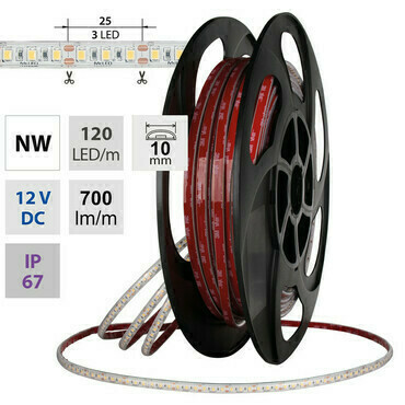 LED pásek MC LED SMD2835 NW, 120LED/m, 7,2W/m, DC 12V, 700lm/m, CRI90, IP67, 10mm, 50m