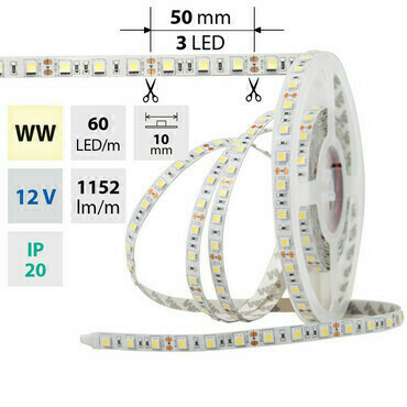 LED pásek MC LED SMD5050 WW, 60LED/m, 14,4W/m, DC 12V, 1152lm/m, IP20, 10mm, 5m