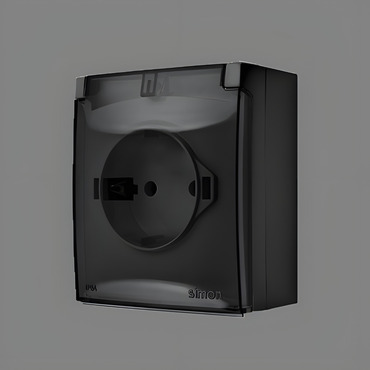Zásuvka Schuko SIMON AQUACLICK ACGSZ1C/49A, 1 nás., IP44, průhl. víčko, 16A/250V~, bezšr. sv., černá
